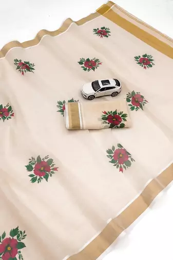chiku -maroon color flower digital printed linen cotton blend sarees