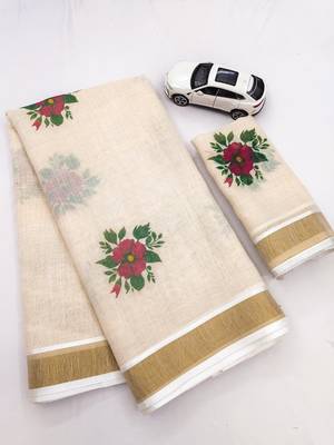 chiku -maroon color flower digital printed linen cotton blend sarees 5