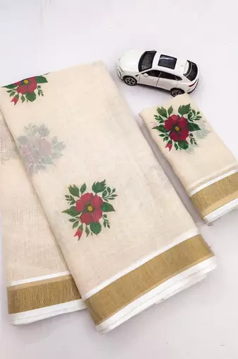 chiku -maroon color flower digital printed linen cotton blend sarees