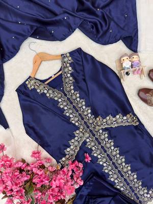 Navy blue mos satin kurti palazzo set with dupatta 4