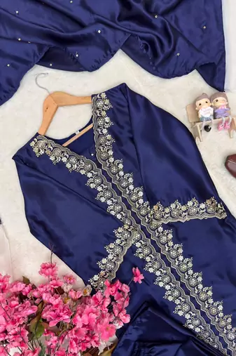 Navy blue mos satin kurti palazzo set with dupatta