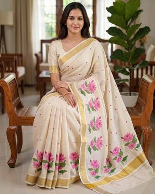chiku -pink color flower digital printed linen cotton blend sarees 1