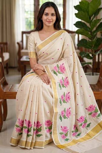 chiku -pink color flower digital printed linen cotton blend sarees