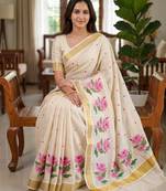 chiku -pink color flower digital printed linen cotton blend sarees