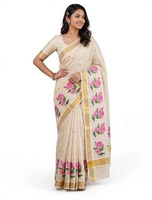 chiku -pink color flower digital printed linen cotton blend sarees 2