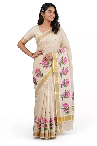 chiku -pink color flower digital printed linen cotton blend sarees