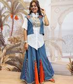 Denim palazzo set with embroidered koti & printed shirt