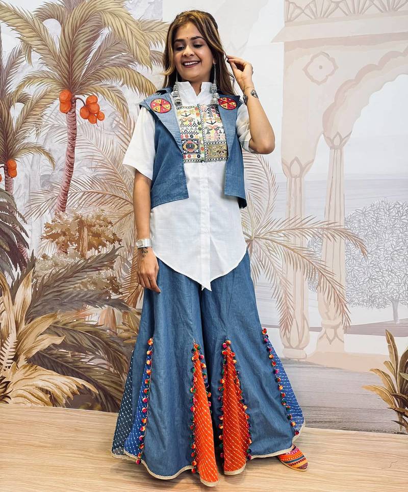 Denim palazzo set with embroidered koti & printed shirt