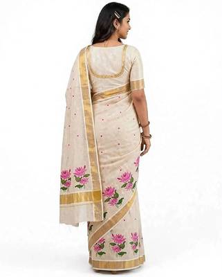 chiku -pink color flower digital printed linen cotton blend sarees 3