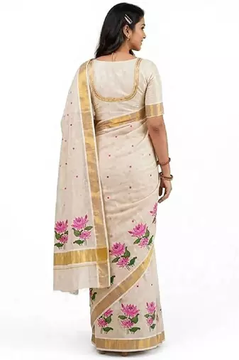 chiku -pink color flower digital printed linen cotton blend sarees