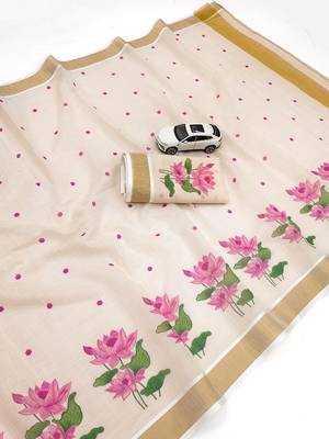 chiku -pink color flower digital printed linen cotton blend sarees 4