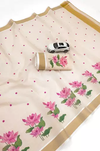chiku -pink color flower digital printed linen cotton blend sarees