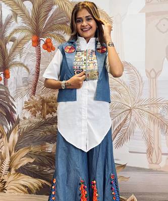 Denim palazzo set with embroidered koti & printed shirt 2