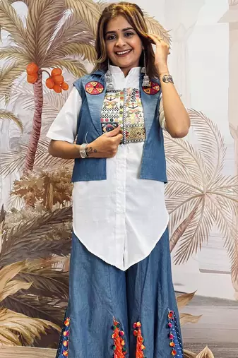 Denim palazzo set with embroidered koti & printed shirt