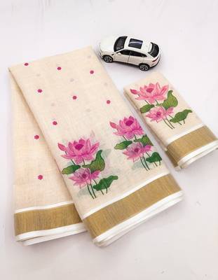 chiku -pink color flower digital printed linen cotton blend sarees 5