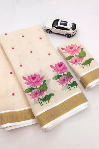 chiku -pink color flower digital printed linen cotton blend sarees