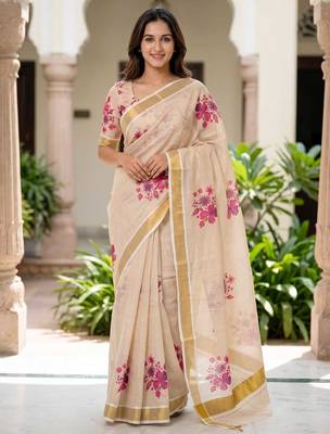 chiku -purple color flower digital printed linen cotton blend sarees 1