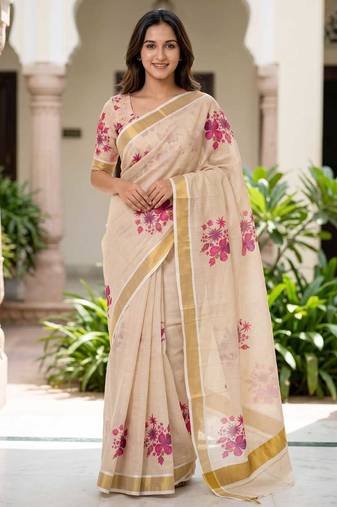chiku -purple color flower digital printed linen cotton blend sarees