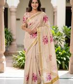 chiku -purple color flower digital printed linen cotton blend sarees