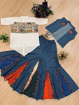 Denim palazzo set with embroidered koti & printed shirt 3