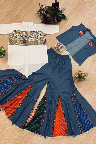 Denim palazzo set with embroidered koti & printed shirt