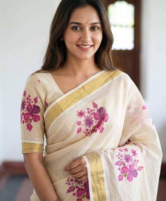 chiku -purple color flower digital printed linen cotton blend sarees 2