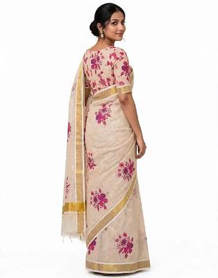 chiku -purple color flower digital printed linen cotton blend sarees 3