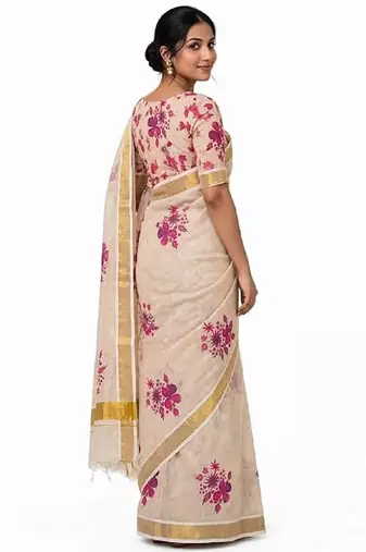 chiku -purple color flower digital printed linen cotton blend sarees