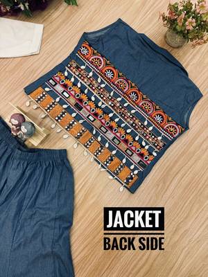 Denim palazzo set with embroidered koti & printed shirt 4