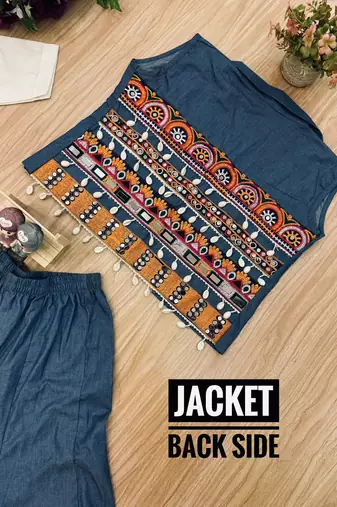 Denim palazzo set with embroidered koti & printed shirt