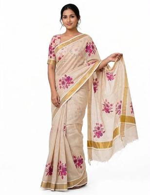 chiku -purple color flower digital printed linen cotton blend sarees 4