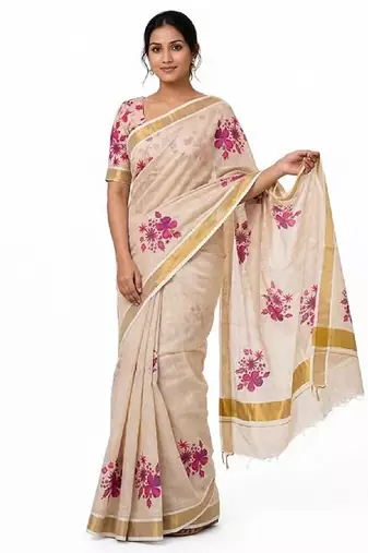 chiku -purple color flower digital printed linen cotton blend sarees