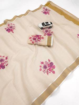 chiku -purple color flower digital printed linen cotton blend sarees 5