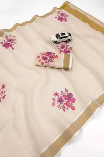 chiku -purple color flower digital printed linen cotton blend sarees
