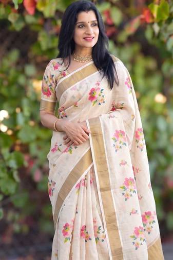 chiku -red color flower digital printed linen cotton blend sarees