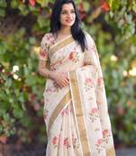 chiku -red color flower digital printed linen cotton blend sarees