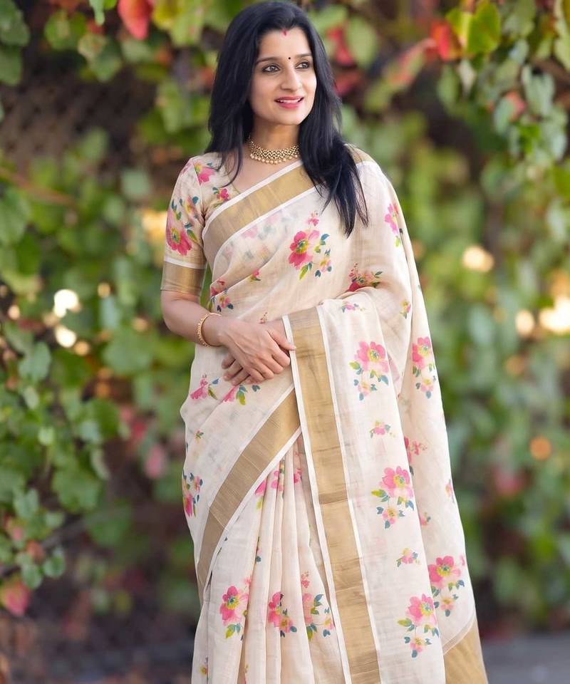 chiku -red color flower digital printed linen cotton blend sarees