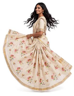 chiku -red color flower digital printed linen cotton blend sarees 2
