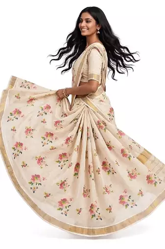 chiku -red color flower digital printed linen cotton blend sarees