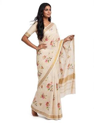 chiku -red color flower digital printed linen cotton blend sarees 3