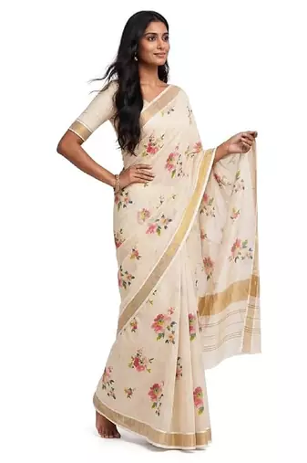 chiku -red color flower digital printed linen cotton blend sarees