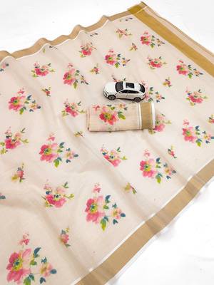 chiku -red color flower digital printed linen cotton blend sarees 4