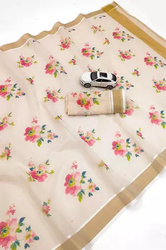 chiku -red color flower digital printed linen cotton blend sarees
