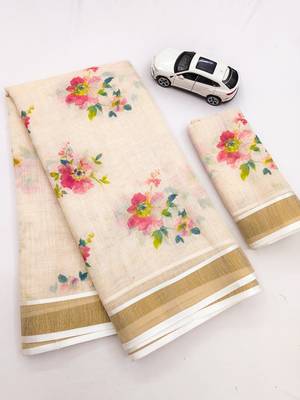 chiku -red color flower digital printed linen cotton blend sarees 5