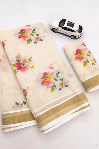 chiku -red color flower digital printed linen cotton blend sarees