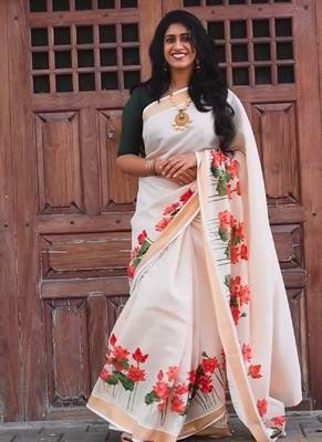 chiku-red green flower digital printed linen cotton blend sarees 1