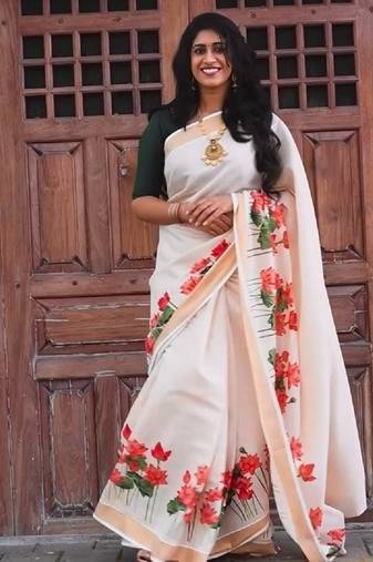 chiku-red green flower digital printed linen cotton blend sarees