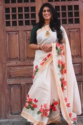 chiku-red green flower digital printed linen cotton blend sarees