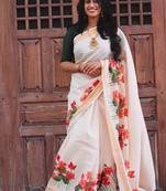 chiku-red green flower digital printed linen cotton blend sarees