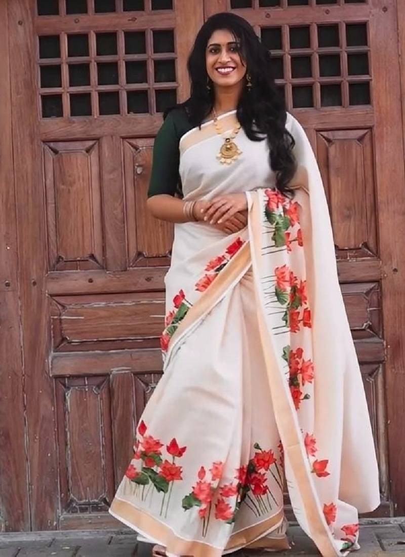 chiku-red green flower digital printed linen cotton blend sarees